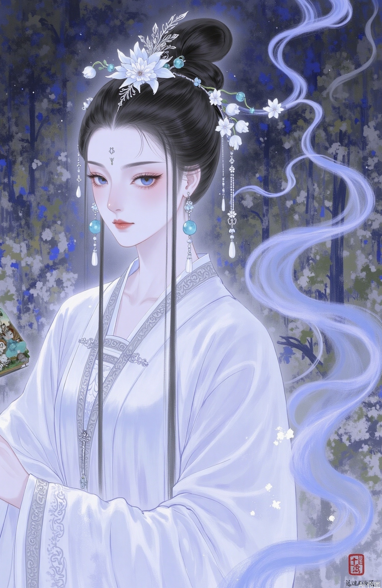 1girl, solo, long hair, looking at viewer, blue eyes, black hair, hair ornament, dress, jewelry, closed mouth, upper body, flower, earrings, hair flower, hair bun, white dress, facial mark, expressionless, chinese clothes, hand fan, forehead mark
