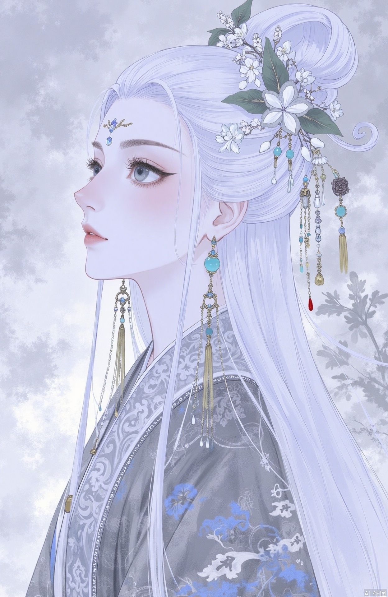 1girl, solo, long hair, blue eyes, hair ornament, jewelry, upper body, flower, white hair, earrings, from side, grey eyes, profile, facial mark, chinese clothes, looking up, tassel, portrait, beads, forehead mark, tassel earrings