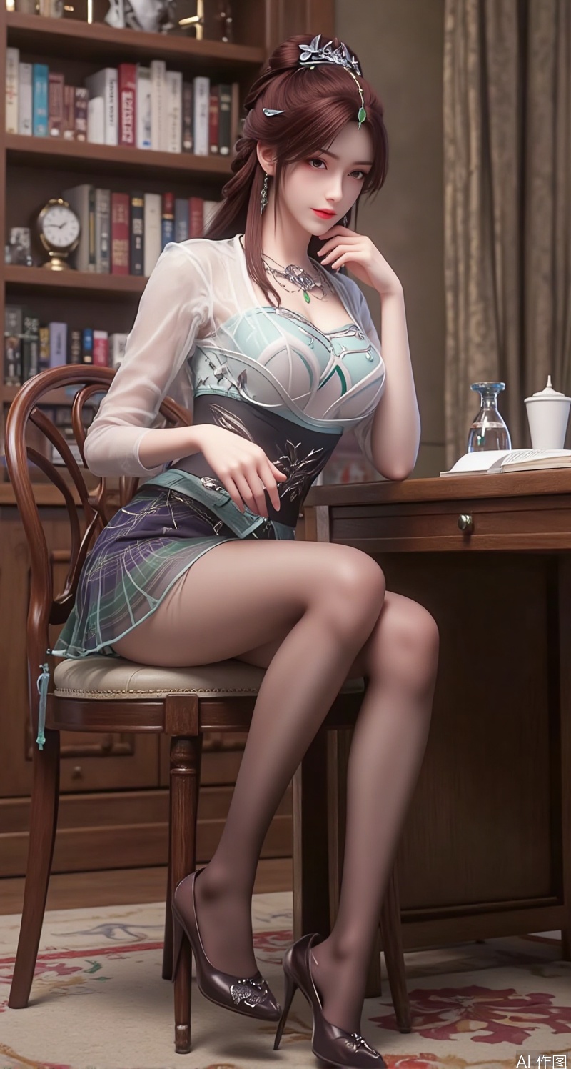 Realistic photo, 1girl, ponytail, fair skin, big breasts, school uniform, plaid skirt, shiny pantyhose, long legs, high heels, full body, large luxury library, sitting at reading table,