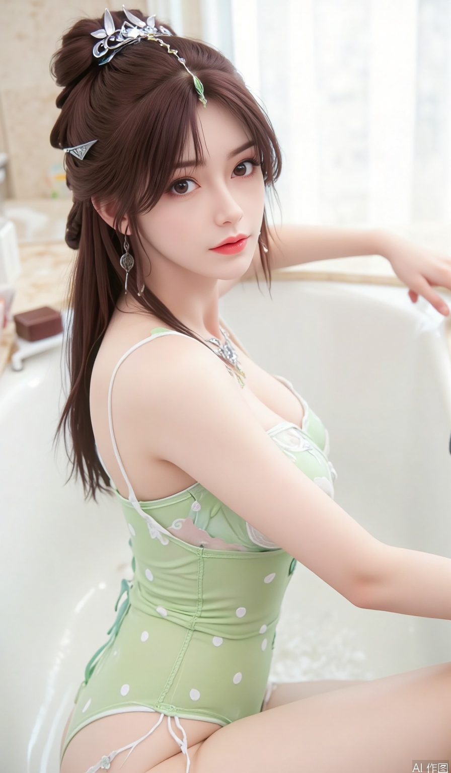 The image shows a young woman sitting in a bathtub
She is wearing a green bodysuit with white polka dots and a white flower on the front
She has long dark hair styled in a high ponytail and is looking directly at the camera with a seductive expression
The bathtub is white and there is a window with white curtains in the background
The woman is holding onto the handles of the bathtub with both hands.