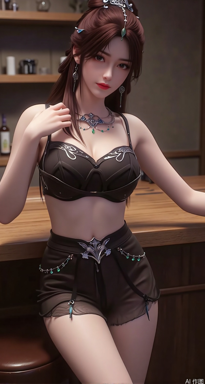The image is a portrait of a young woman posing in a kitchen
She is wearing a black lingerie set with a lace bra and matching high-waisted shorts
The woman has shoulder-length dark hair with bangs and is looking directly at the camera with a seductive expression
The kitchen has a wooden countertop and a barstool in the background
The lighting is dim and the overall mood of the image is sensual and provocative.