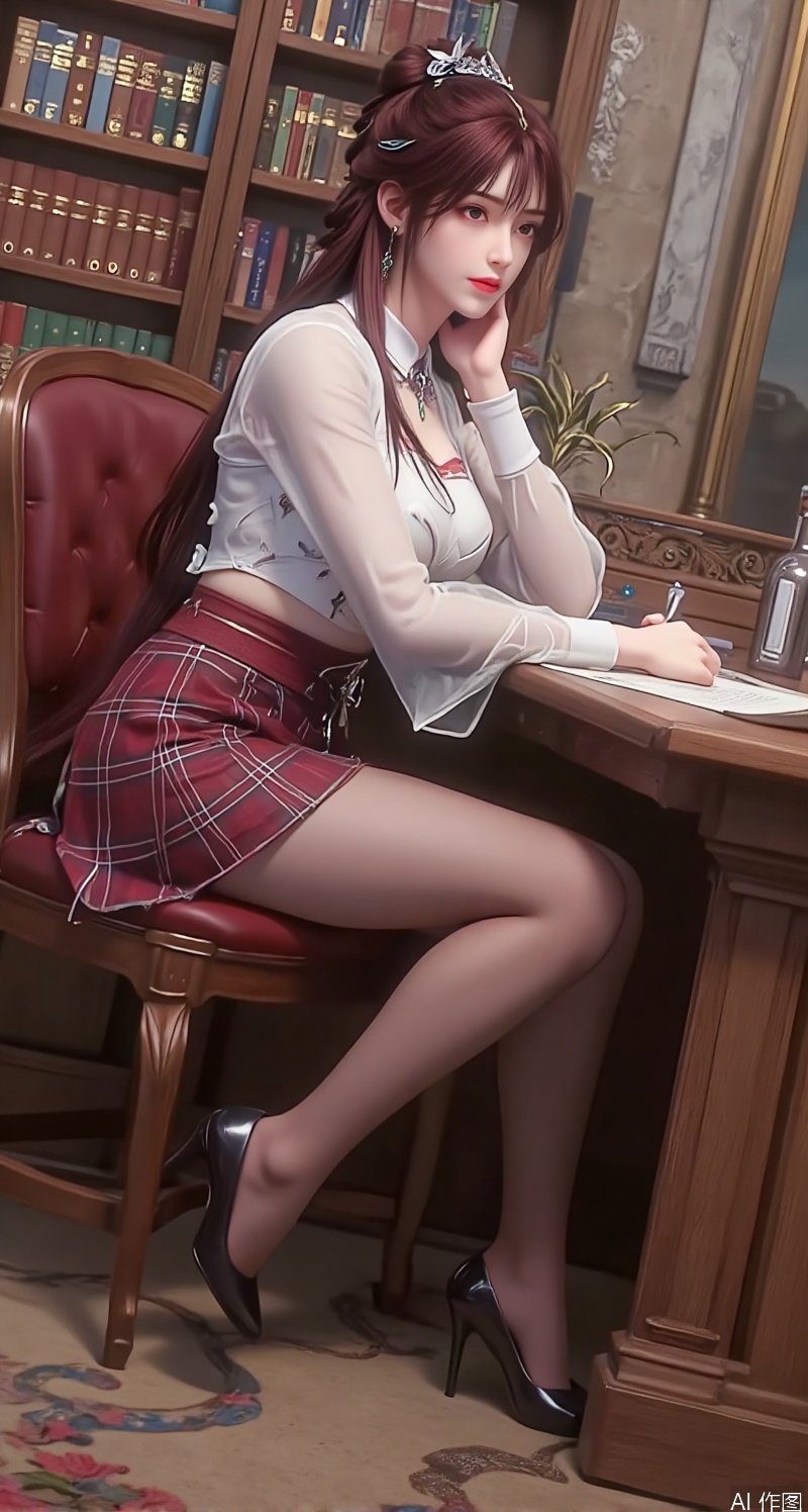 Realistic photo, 1girl, ponytail, fair skin, big breasts, school uniform, plaid skirt, shiny pantyhose, long legs, high heels, full body, large luxury library, sitting at reading table,