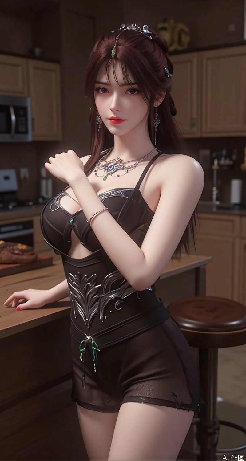 The image is a portrait of a young woman posing in a kitchen
She is wearing a black lingerie set with a lace bra and matching high-waisted shorts
The woman has shoulder-length dark hair with bangs and is looking directly at the camera with a seductive expression
The kitchen has a wooden countertop and a barstool in the background
The lighting is dim and the overall mood of the image is sensual and provocative.