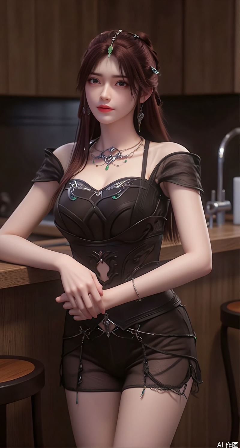 The image is a portrait of a young woman posing in a kitchen
She is wearing a black lingerie set with a lace bra and matching high-waisted shorts
The woman has shoulder-length dark hair with bangs and is looking directly at the camera with a seductive expression
The kitchen has a wooden countertop and a barstool in the background
The lighting is dim and the overall mood of the image is sensual and provocative.