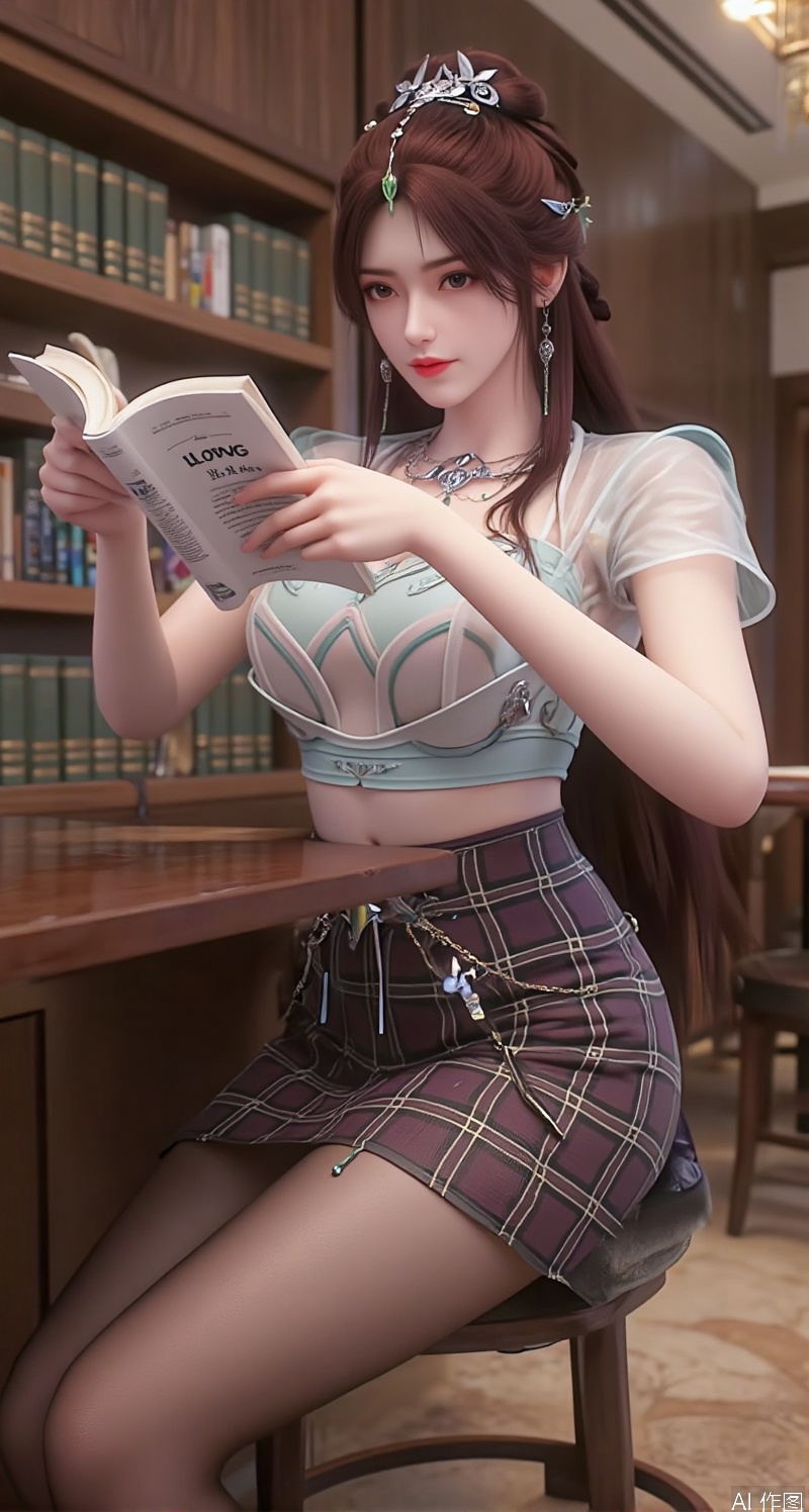 Realistic photo, 1girl, ponytail, fair skin, big breasts, school uniform, plaid skirt, shiny pantyhose, long legs, high heels, full body, large luxury library, sitting at reading table,
