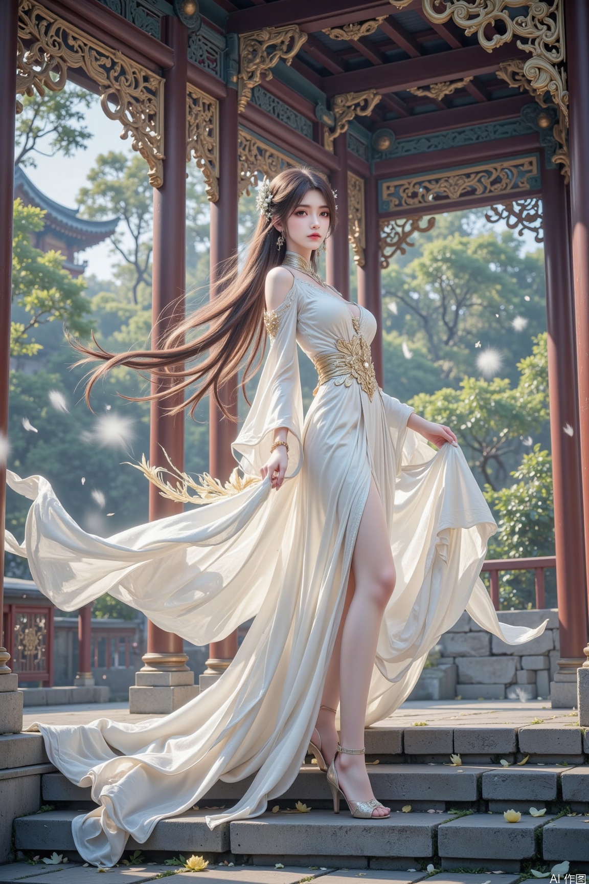 The image depicts a serene and ethereal scene with a woman standing on stone steps. She is dressed in a flowing white gown that billows gently, creating a sense of movement and grace. Her hair is long and adorned with delicate accessories, and she appears to be in a state of calm contemplation. The background features ornate architectural elements, including intricately carved pillars and a structure that suggests a traditional East Asian setting. Wisps of mist surround her, enhancing the mystical atmosphere. The overall composition is harmonious, blending natural and man-made elements seamlessly.