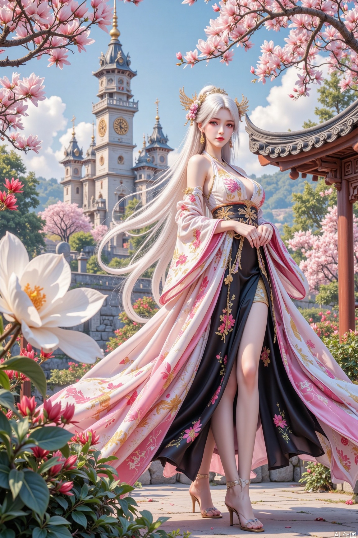 The image depicts a beautifully illustrated scene of a woman dressed in traditional East Asian attire, standing amidst a lush garden filled with vibrant flowers. The woman's outfit is elegant, featuring a flowing pink and white robe with intricate designs, complemented by a black skirt. Her hair is styled in an elaborate updo, adorned with delicate floral accessories. The background showcases a picturesque landscape with a grand castle and a clock tower, suggesting a serene and historical setting. The garden is filled with blooming flowers, including large white blossoms and smaller red ones, creating a harmonious and serene atmosphere. The woman's posture and the flowing fabric of her robe add a sense of grace and movement to the scene.
