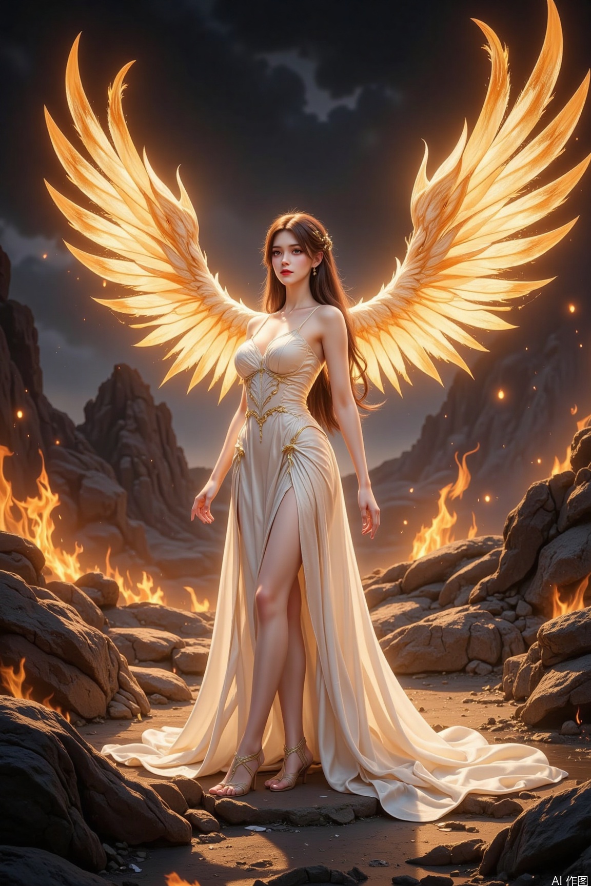 The image depicts a serene and ethereal scene with a woman standing in a rocky landscape. She is dressed in a flowing white gown that cascades down to her feet, giving her an otherworldly appearance. Her most striking feature is the large, glowing wings that extend from her back, emitting a warm, golden light that contrasts beautifully with the dark, rocky surroundings. The background is filled with a dramatic, fiery landscape, with flames flickering in the distance, adding to the mystical atmosphere. The woman's expression is calm and contemplative, as she stands gracefully amidst the natural elements.