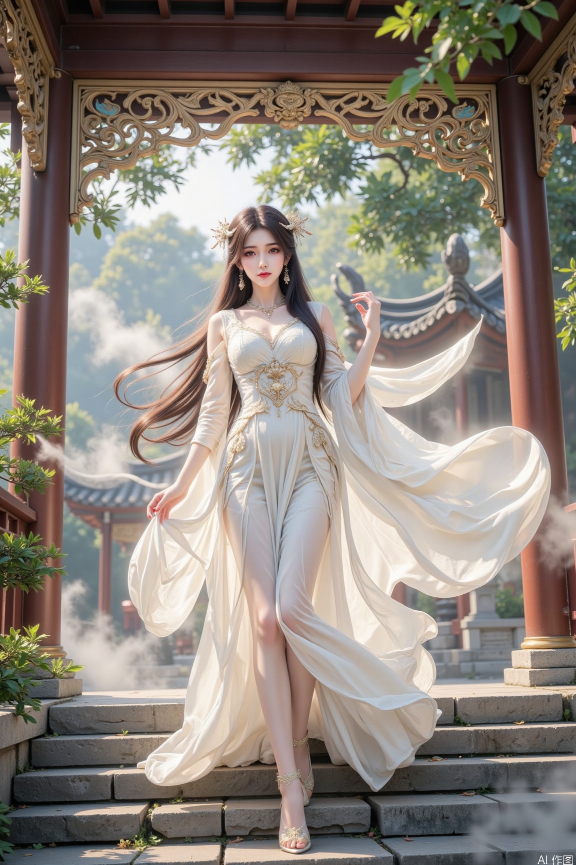 The image depicts a serene and ethereal scene with a woman standing on stone steps. She is dressed in a flowing white gown that billows gently, creating a sense of movement and grace. Her hair is long and adorned with delicate accessories, and she appears to be in a state of calm contemplation. The background features ornate architectural elements, including intricately carved pillars and a structure that suggests a traditional East Asian setting. Wisps of mist surround her, enhancing the mystical atmosphere. The overall composition is harmonious, blending natural and man-made elements seamlessly.