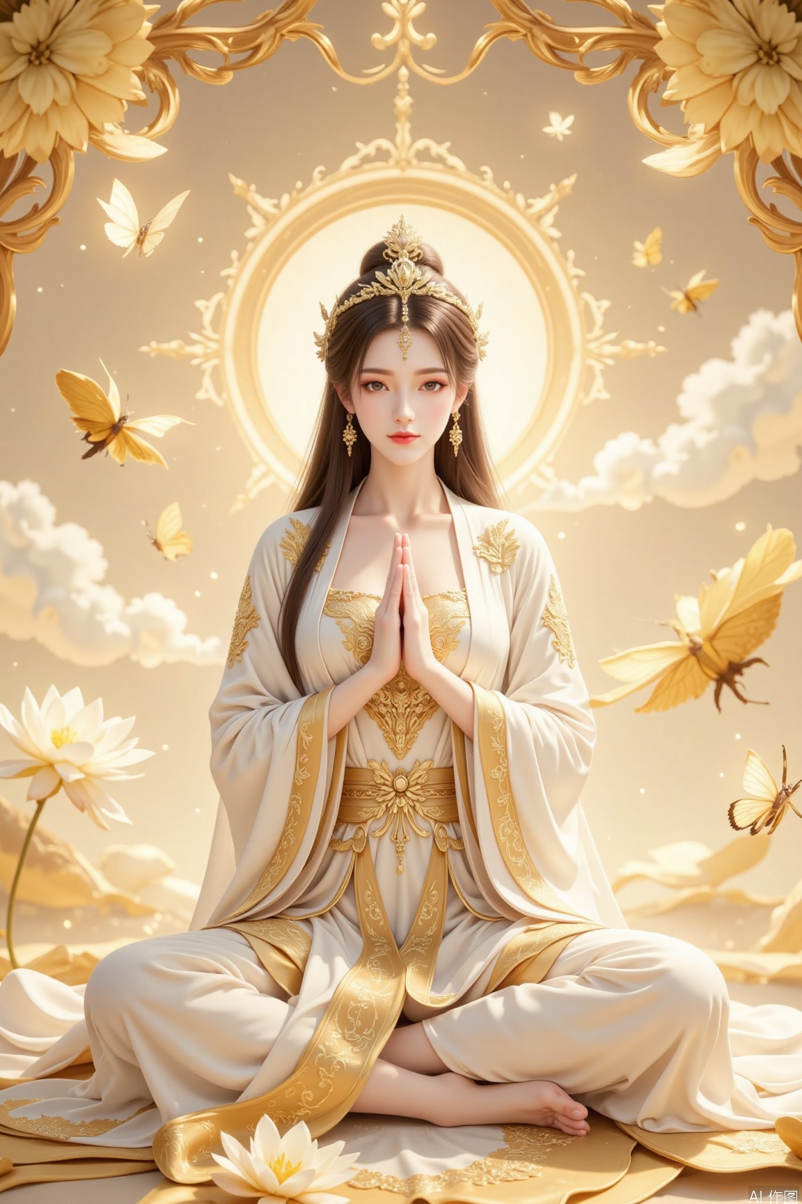 The image depicts a serene and ethereal scene with a woman dressed in flowing white robes adorned with intricate golden patterns. She is seated cross-legged on a lotus flower, exuding a sense of tranquility and spiritual focus. Her hands are clasped together in a prayer-like gesture, and she wears a delicate tiara that complements her serene expression. The background is a soft, glowing golden hue, with delicate clouds and floating butterflies adding to the dreamlike atmosphere. The overall composition is reminiscent of traditional East Asian art, with a focus on spiritual and mystical themes.