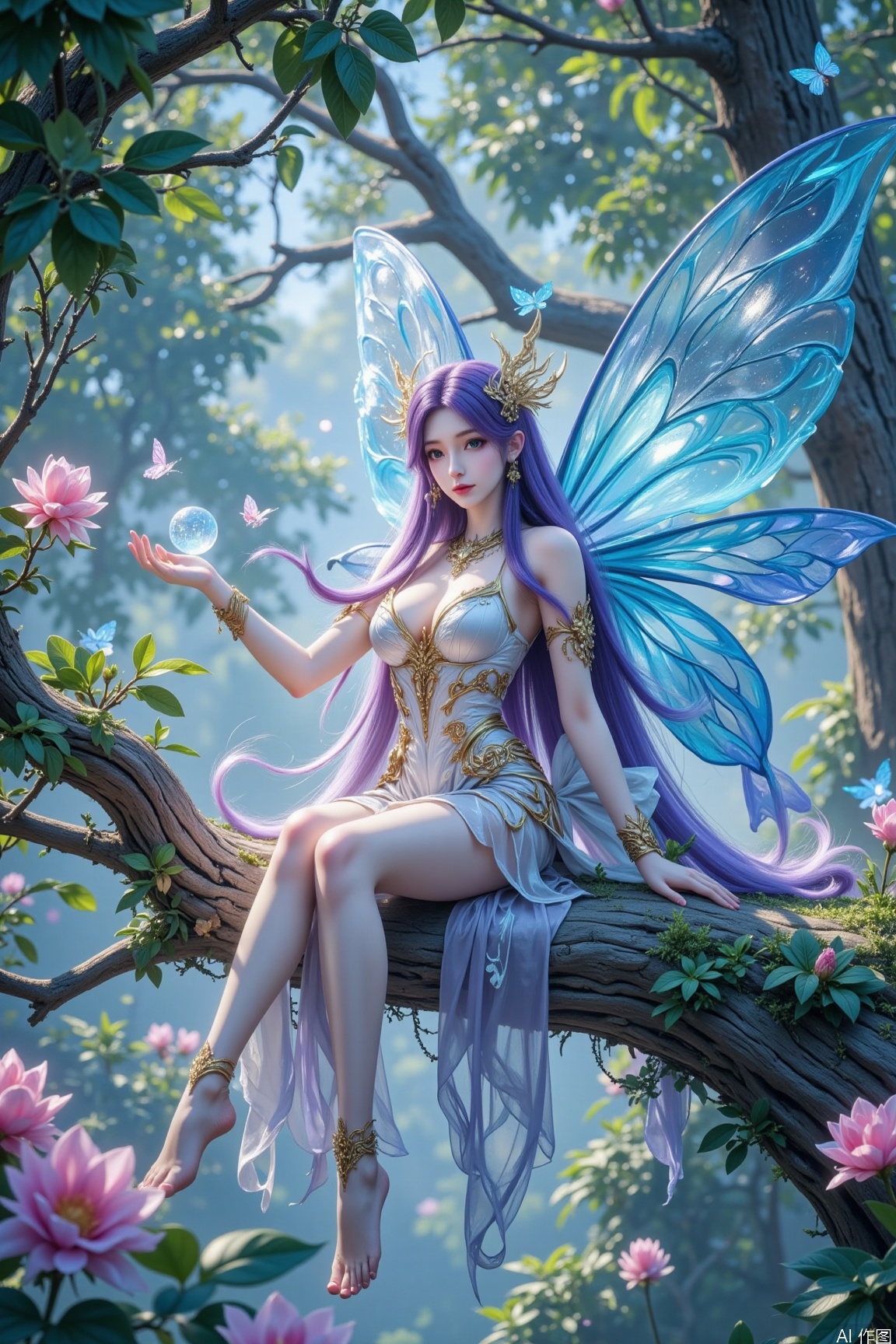 The image depicts a fairy sitting on a tree branch in a mystical forest setting. The fairy has large, translucent blue wings and is adorned with intricate, flowing garments in shades of white, purple, and gold. Her hair is long and purple, styled with delicate floral accessories. The fairy is surrounded by glowing orbs and butterflies, and there are vibrant pink flowers and green foliage in the background. The scene is bathed in a soft, ethereal light, giving it a magical and serene atmosphere.
