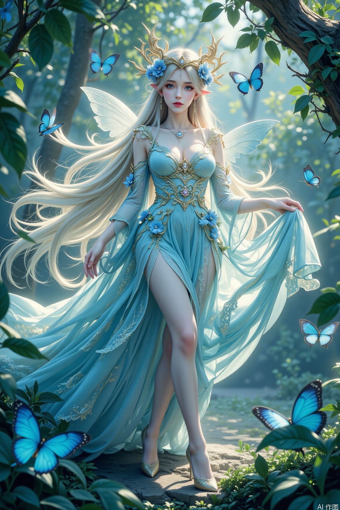 In this dreamlike image, a fairy dressed in a blue gauzy dress seems to emerge from a fairy tale. She wears an exquisite floral crown, and her long hair cascades down like a waterfall, exuding an air of elegance. Her dress is adorned with delicate lace and flowers, fluttering gently with her movements, as if she is dancing gracefully through the forest. The surrounding environment is filled with mystery and tranquility, with sunlight filtering through the leaves to create a dappled light, creating a dreamy atmosphere. Several blue butterflies flutter around her, adding a touch of liveliness and mystery. Her eyes are gentle and profound, as if narrating an ancient legend. This scene inevitably brings to mind the elves of the forest, filled with the beauty and enigmatic charm of nature.