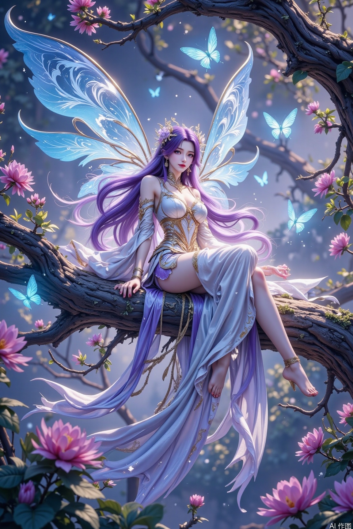 The image depicts a fairy sitting on a tree branch in a mystical forest setting. The fairy has large, translucent blue wings and is adorned with intricate, flowing garments in shades of white, purple, and gold. Her hair is long and purple, styled with delicate floral accessories. The fairy is surrounded by glowing orbs and butterflies, and there are vibrant pink flowers and green foliage in the background. The scene is bathed in a soft, ethereal light, giving it a magical and serene atmosphere.