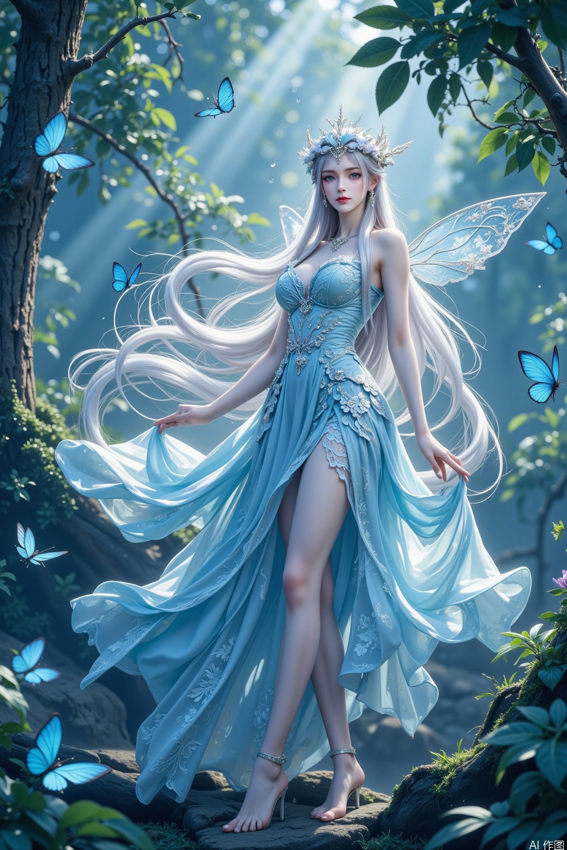 In this dreamlike image, a fairy dressed in a blue gauzy dress seems to emerge from a fairy tale. She wears an exquisite floral crown, and her long hair cascades down like a waterfall, exuding an air of elegance. Her dress is adorned with delicate lace and flowers, fluttering gently with her movements, as if she is dancing gracefully through the forest. The surrounding environment is filled with mystery and tranquility, with sunlight filtering through the leaves to create a dappled light, creating a dreamy atmosphere. Several blue butterflies flutter around her, adding a touch of liveliness and mystery. Her eyes are gentle and profound, as if narrating an ancient legend. This scene inevitably brings to mind the elves of the forest, filled with the beauty and enigmatic charm of nature.