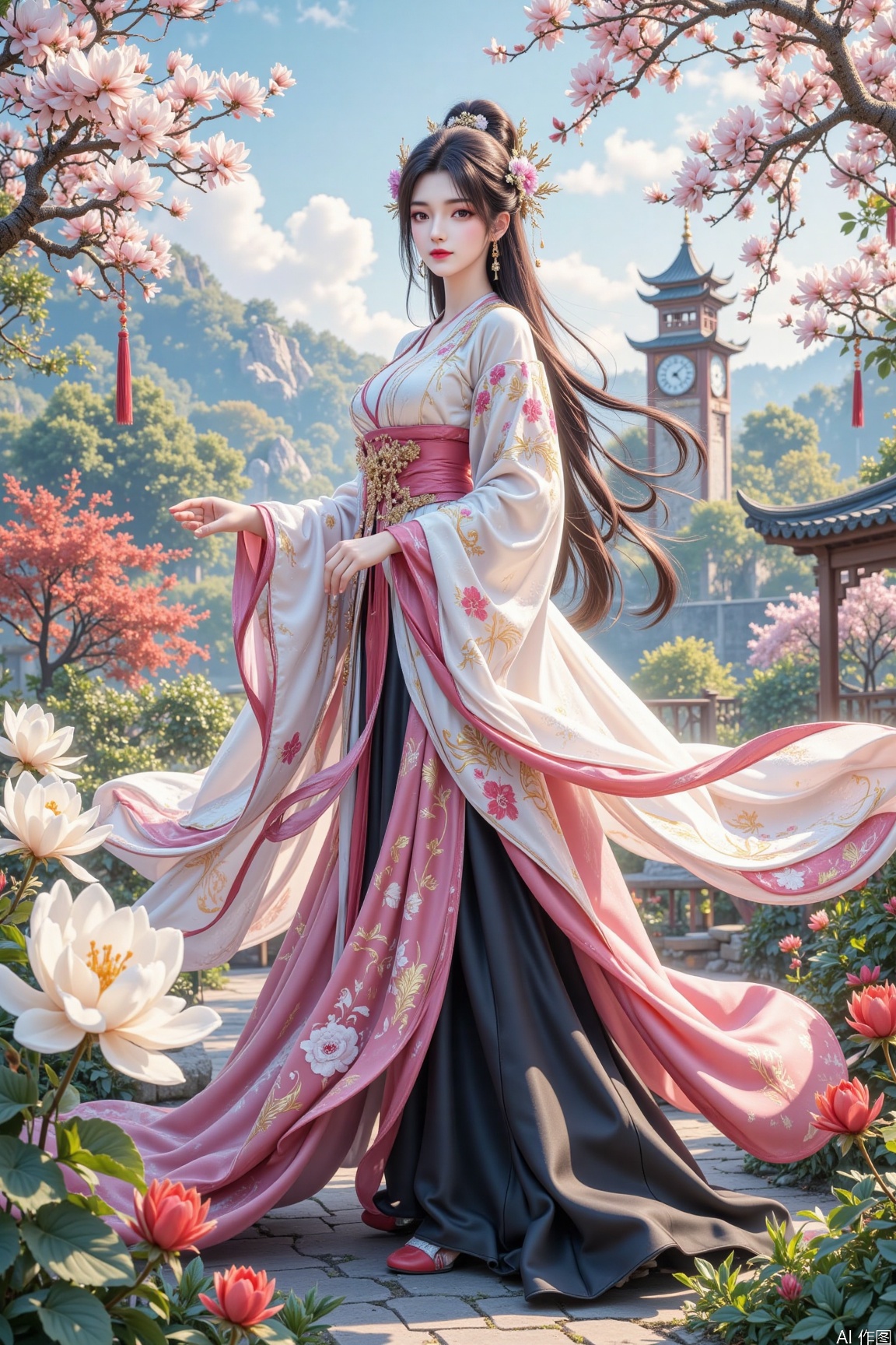 The image depicts a beautifully illustrated scene of a woman dressed in traditional East Asian attire, standing amidst a lush garden filled with vibrant flowers. The woman's outfit is elegant, featuring a flowing pink and white robe with intricate designs, complemented by a black skirt. Her hair is styled in an elaborate updo, adorned with delicate floral accessories. The background showcases a picturesque landscape with a grand castle and a clock tower, suggesting a serene and historical setting. The garden is filled with blooming flowers, including large white blossoms and smaller red ones, creating a harmonious and serene atmosphere. The woman's posture and the flowing fabric of her robe add a sense of grace and movement to the scene.