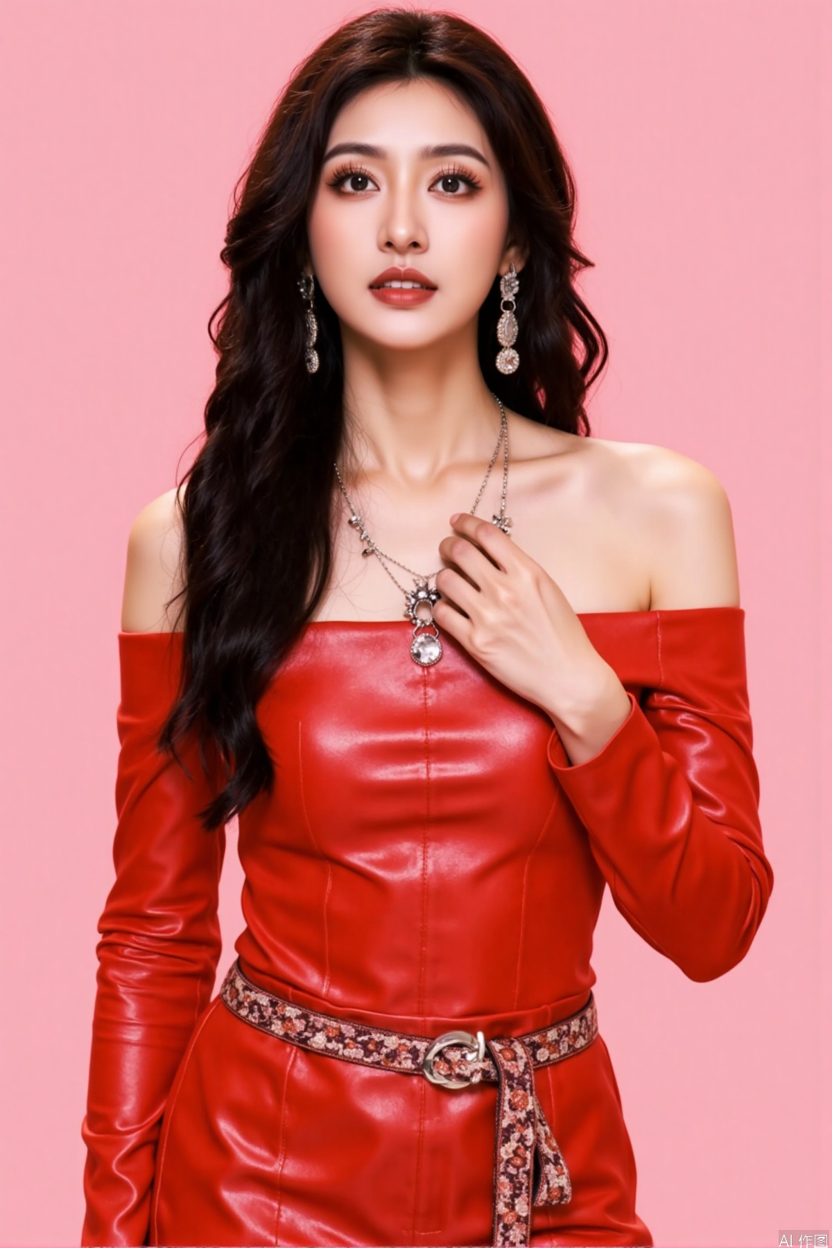 Elegant, free and easy, charming woman, sharp eyes, flowing long curly hair, wearing a rose-red glossy off-shoulder skirt, a rose-red glossy belt, exquisite earrings and necklaces, fashionable, generous, front-facing shooting, high-definition photography, full-body photos, 8K movies, pink background, super high quality, top picture quality, visual feast.
