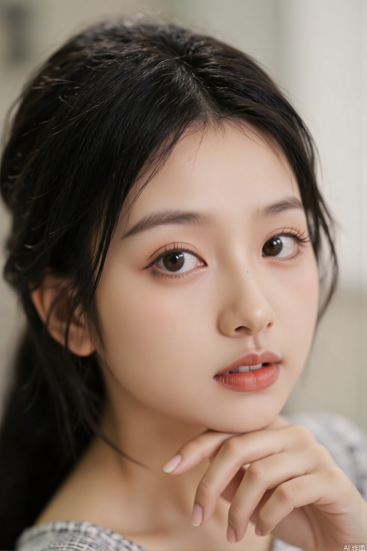 Young, beautiful girl. Soft light outlines the side face, 50mm fixed focus captures agile mercerization, and low saturation tone sets off the transparent feeling of the skin. The three-point composition leaves a sense of breathing, the eyes light up the gentle core, and the shallow depth of field blurred background highlights the soft temperament.