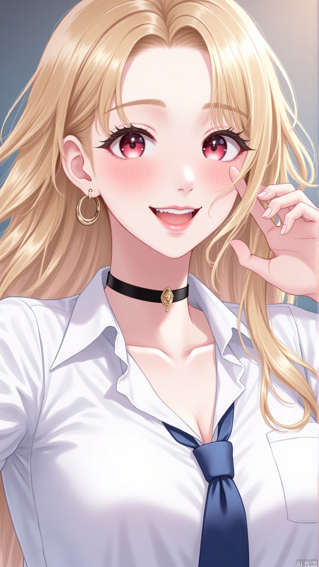 WALLPER is a beautiful young Asian woman with a medium angle, large breast,In a close-up cover, the woman has flowing long hair, sparkling blonde hair, and is wearing a white shirt from her school uniform, paired with a blue tie. Her neckline is slightly open, revealing delicate collarbones and faint cleavage. She had a smile on her face, even a grin, and her red eyes were particularly eye-catching, as if she was confidently looking at the audience. She has ear piercings on her ears, wears earrings, and has perforations. The black necklace and other jewelry decorations add a touch of personality. Her arm was up, one hand stuck in her hair, and the chest pocket of her shirt was clearly visible. The screen adopts a close-up detail approach, with a simple yet gradient effect on the background, adding a little dimension to the image without affecting the details, highlighting her unique charm, especially her mid chest, long sleeved outfit and her unique temperament, as if she is performing a wonderful solo.