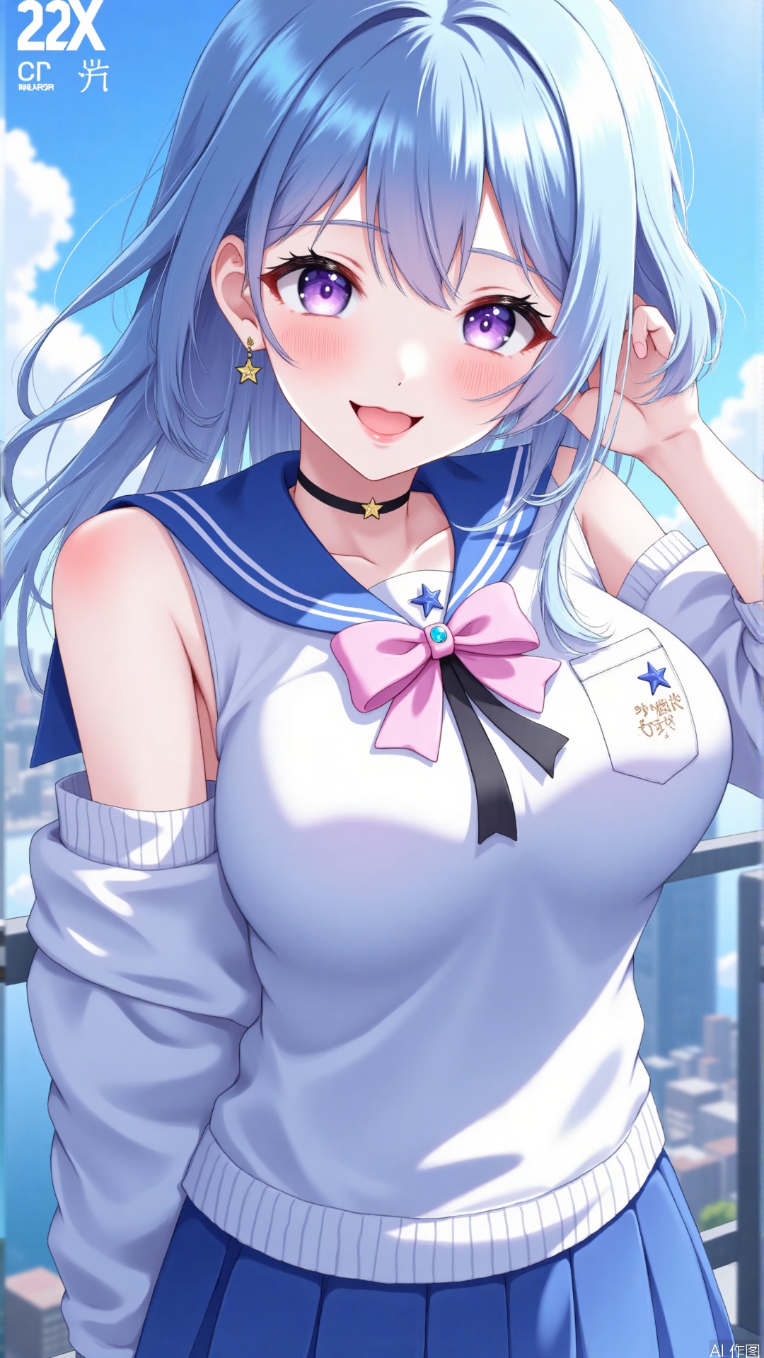 WALLPER is a beautiful young Asian woman with a medium angle, large breast, and the charming young 2D girl Hoshino appeared at an excellent angle on the cover. Her long dreamy water-blue hair drifted freely, and the ends of her hair were shining with a glimmer of light, like a flowing galaxy. Wearing a blue and white 2D Academy Fengshui clerk suit, paired with a light pink bow tie. The neckline of the sailor suit is slightly open, revealing its fair and delicate collarbone. Her smile was bright, her lips were raised, and her eyes, which looked at the audience with confidence, as if she could see through the screen. She wore a pair of small star-shaped earrings on her ears, and a black ribbon inlaid with blue crystal was tied between her slender neck, adding a different kind of mystery to her. She slid one hand playfully into her hair, and the other hand was hanging casually beside her, with a cute star pattern embroidered on the pocket on her chest. The picture uses delicate close-up details and is matched with a blue and white gradient background full of technology, which fully highlights her unique 2D outfit charm and agile temperament, as if she is embarking on a wonderful adventure in the 2D world.