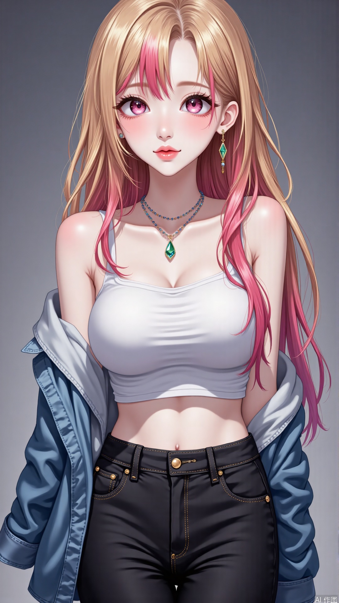 WALLPER is a beautiful young man with a medium angle,WALLPER is a beautiful young Asian woman with a medium angle, large breast,In this close-up used as a cover, In this close-up shot as the cover, the girl Haimeng exudes a unique charm. She has multi colored long hair, cleverly blending blonde hair with red hair, and presenting a gradient effect at the end of her hair, which is lively and eye-catching. A pair of pink eyes and red eyes reveal a unique mystery. She has ear piercings on her ears, wears delicate earrings, and prominent perforations, paired with various jewelry, showcasing her full personality. Haimeng was wearing a sleeveless crop top, which perfectly showcased her flat abdomen and belly button. The faint chest lines under the clothes added a touch of youthful sexiness. The lower body is a pair of black pants, with a denim jacket on top, neat and handsome. She was smeared with black nail polish, and her hands hung naturally. At this moment, Haimeng's lips were slightly parted, with a confident expression on her face. She stood steadily with her feet and focused on watching the audience, as if she was performing a wonderful solo performance on stage. On her body, she wears a sparkling green crystal gemstone, which becomes the finishing touch of the overall outfit. The screen adopts a close-up detail technique, with a simple yet gradient effect background as a backdrop, cleverly adding a little dimension to the image without affecting the details, fully showcasing Haimeng's unique style