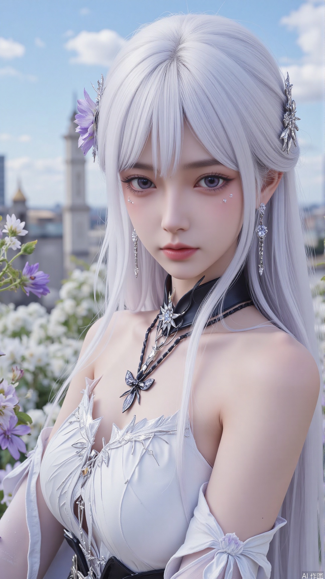1girl, white hair, solo, hair ornament, purple eyes, bare shoulders, jewelry, long hair, necklace, strapless skirt, flower, hair flower, perfect body, scenery, sharp focus, best quality, masterpiece, detailed outfit, illustration, perfect eyes, finely detailed beautiful anime eyes, realistic skin, intricate details, best lighting, depth of field, ultra high resolution,cowboy_shot