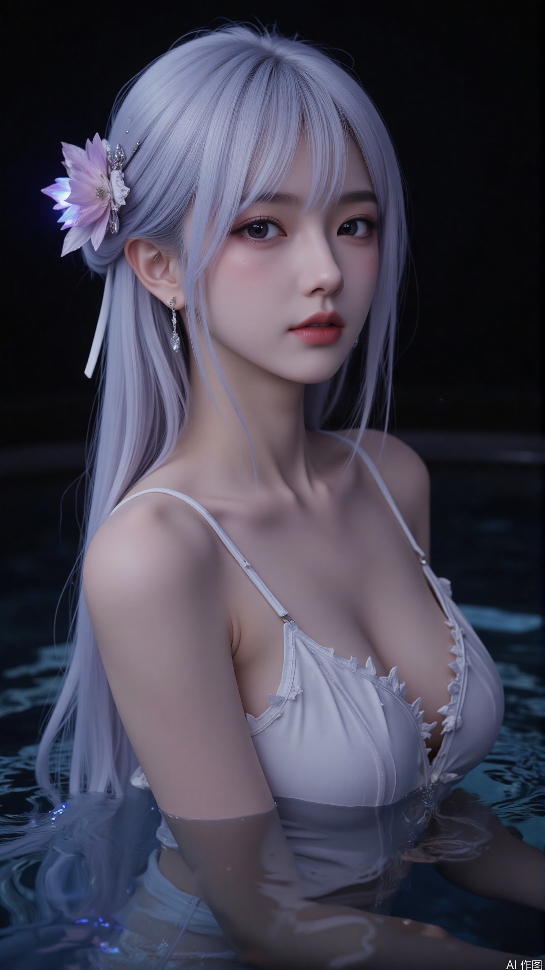 1girl, solo, long hair, red lips,looking at viewer, upper body, glowing hair,hair ornament,white sling shirt,bare shoulders,in water,hair bun,ribbon,earrings,black background,light,dark background