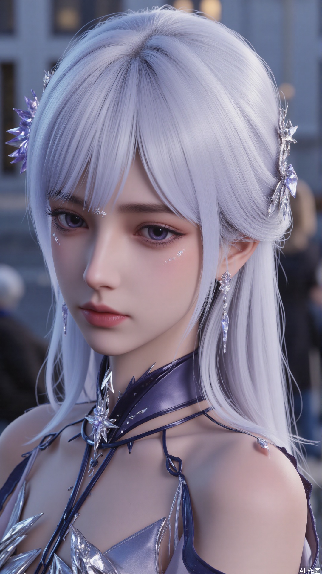 1girl, white hair, purple eyes, dress, perfect body, scenery, sharp focus, best quality, masterpiece, detailed outfit, illustration, perfect eyes, finely detailed beautiful anime eyes, realistic skin, intricate details, best lighting, depth of field, ultra high resolution, sitting