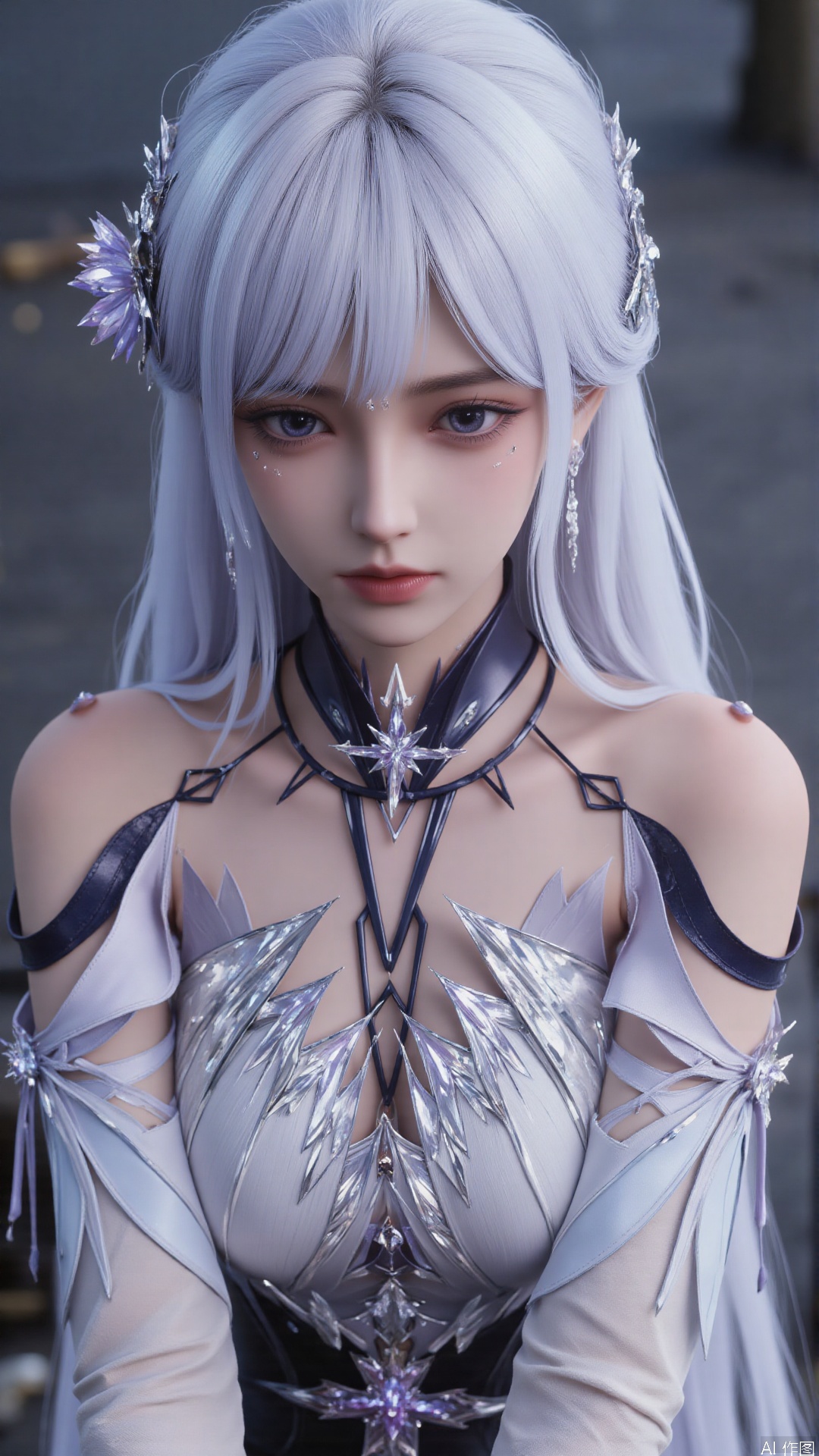 1girl, white hair, solo, hair ornament, purple eyes, bare shoulders, jewelry, long hair, necklace, strapless skirt, flower, hair flower, perfect body, scenery, sharp focus, best quality, masterpiece, detailed outfit, illustration, perfect eyes, finely detailed beautiful anime eyes, realistic skin, intricate details, best lighting, depth of field, ultra high resolution, sitting