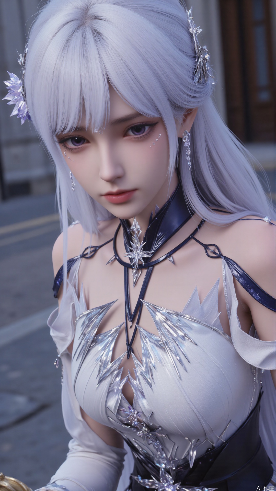 1girl, white hair, solo, hair ornament, purple eyes, bare shoulders, jewelry, long hair, necklace, strapless skirt, flower, hair flower, perfect body, scenery, sharp focus, best quality, masterpiece, detailed outfit, illustration, perfect eyes, finely detailed beautiful anime eyes, realistic skin, intricate details, best lighting, depth of field, ultra high resolution,cowboy_shot