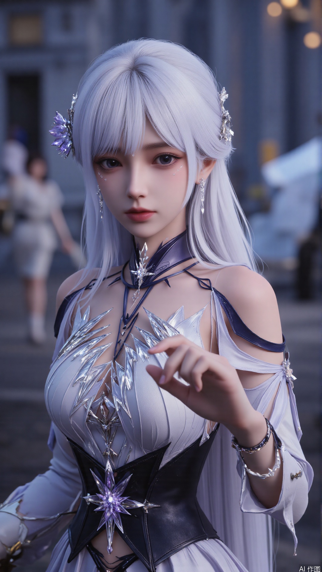 1girl, white hair, purple eyes, dress, perfect body, scenery, sharp focus, best quality, masterpiece, detailed outfit, illustration, perfect eyes, finely detailed beautiful anime eyes, realistic skin, intricate details, best lighting, depth of field, ultra high resolution,cowboy_shot