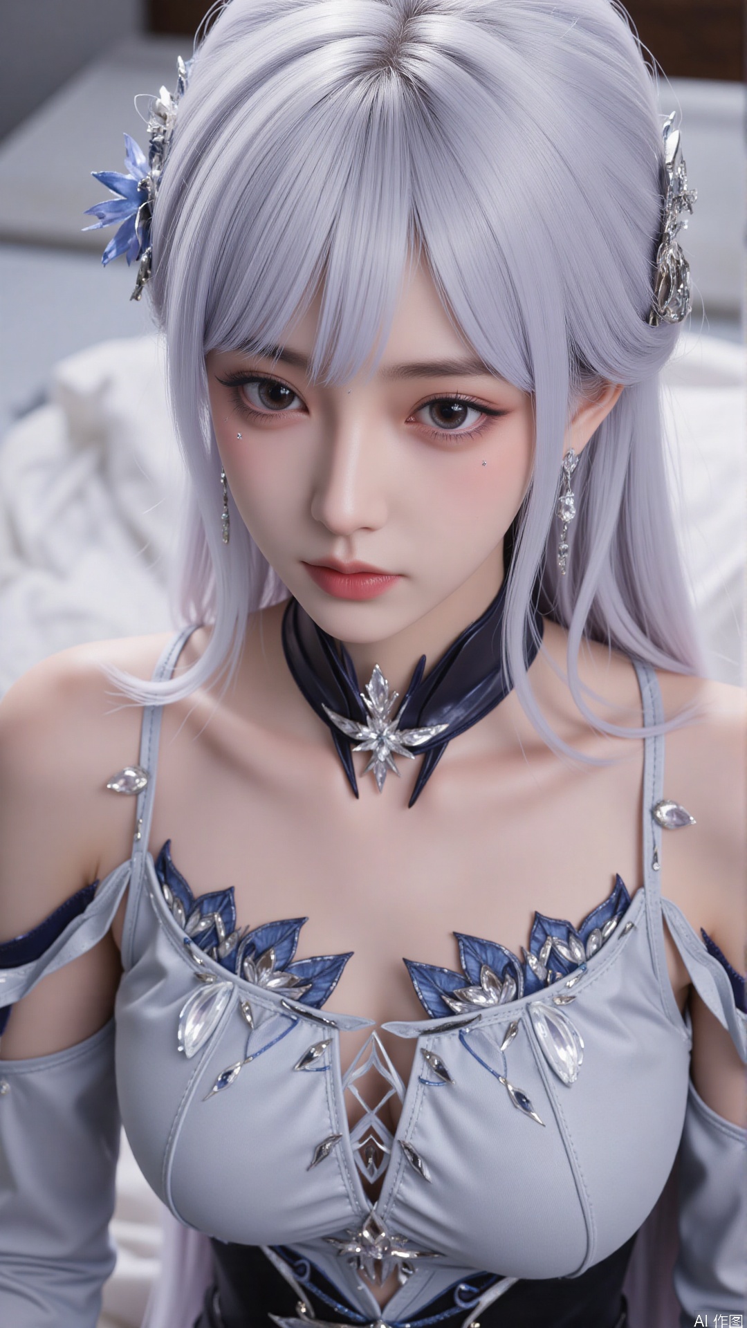1girl, solo, jewelry, earrings, breasts, necklace, dress, realistic, bare shoulders, looking at viewer, lying, perfect body, scenery, sharp focus, best quality, masterpiece, detailed outfit, illustration, perfect eyes, finely detailed beautiful anime eyes, realistic skin, intricate details, best lighting, depth of field, ultra high resolution, bed, from above