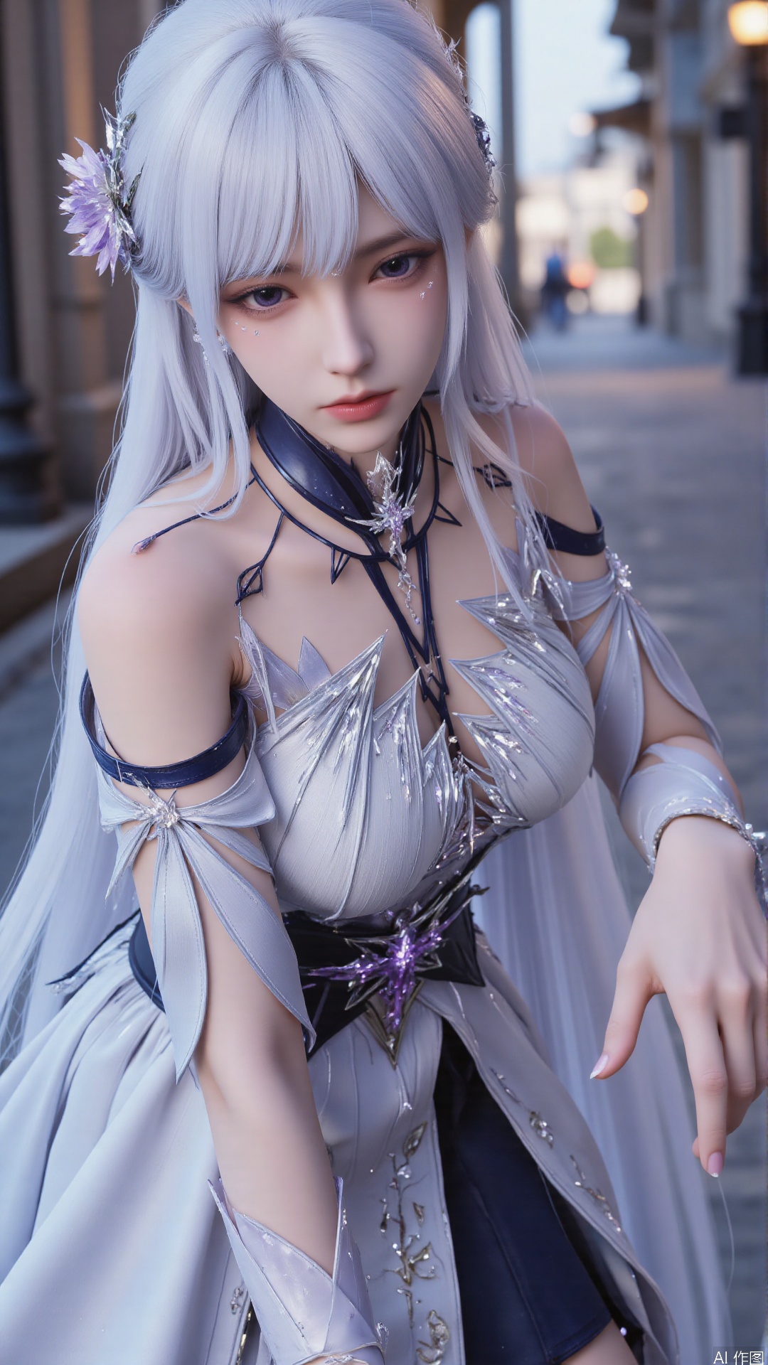 1girl, white hair, solo, hair ornament, purple eyes, bare shoulders, jewelry, long hair, necklace, strapless skirt, flower, hair flower, perfect body, scenery, sharp focus, best quality, masterpiece, detailed outfit, illustration, perfect eyes, finely detailed beautiful anime eyes, realistic skin, intricate details, best lighting, depth of field, ultra high resolution,cowboy_shot