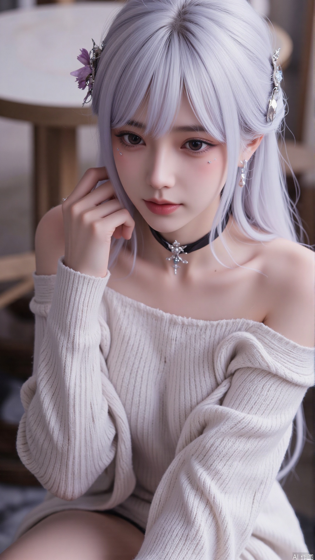 1girl, solo, long hair, looking at viewer, smile, sitting, collarbone, off shoulder, sweater, messy hair, realistic