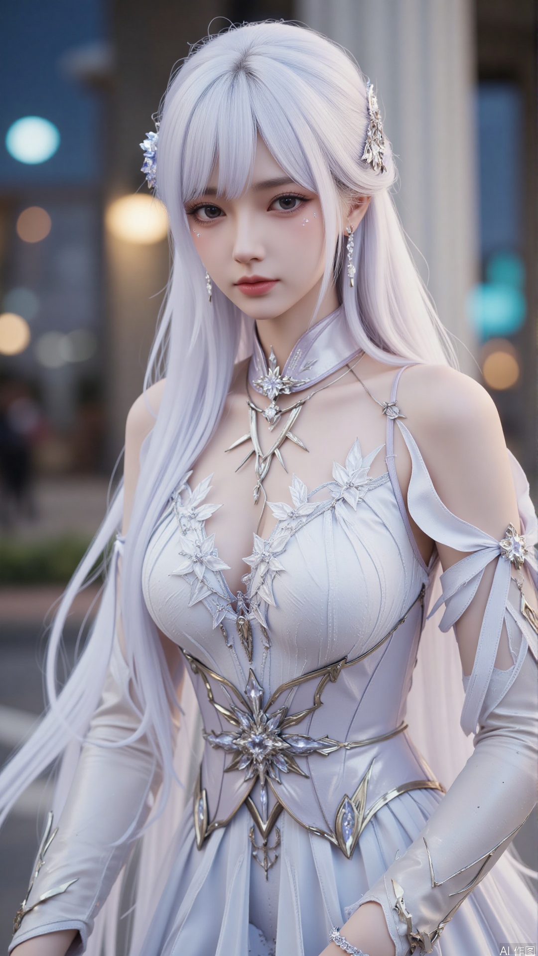 1girl, white wedding dress,looking at viewer, mischevious smile, perfect body, scenery, sharp focus, best quality, masterpiece, detailed outfit, illustration, perfect eyes, finely detailed beautiful anime eyes, realistic skin, intricate details, best lighting, depth of field, ultra high resolution, cowboy_shot, bride