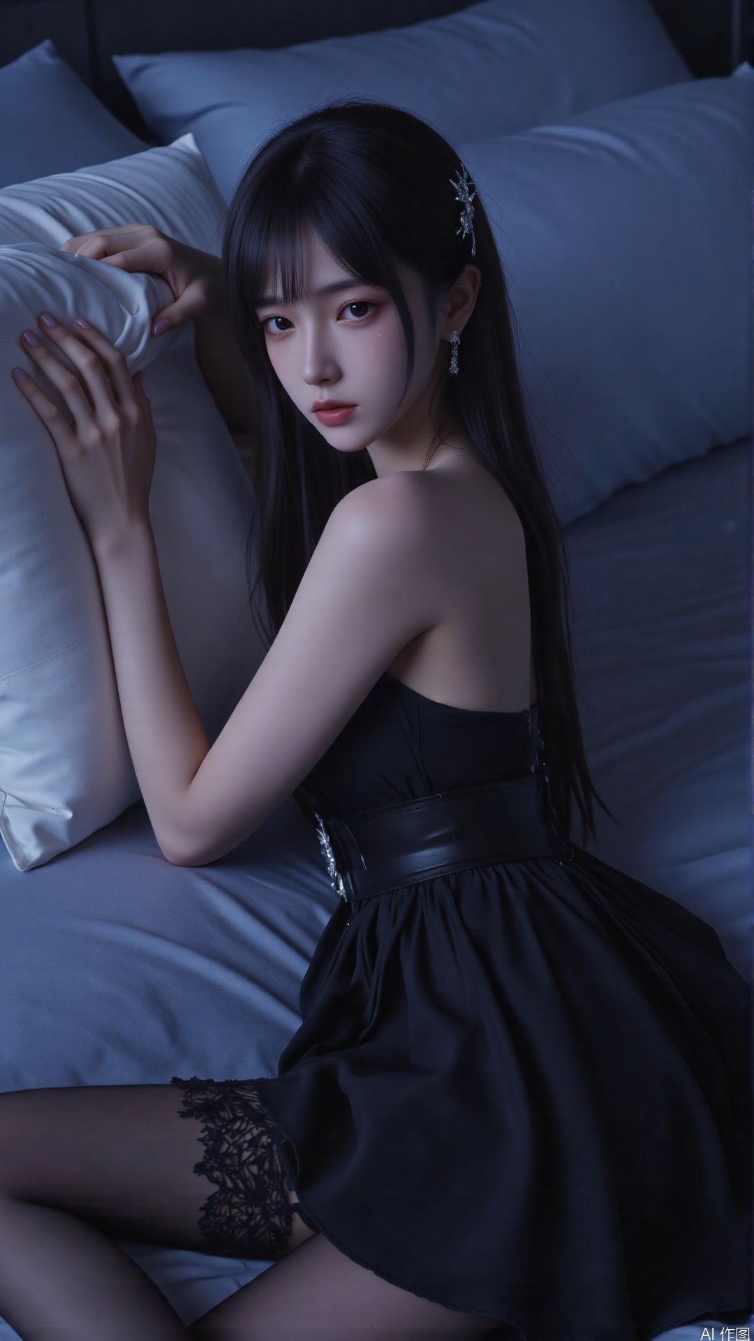 1girl, solo,Long hair, black hair, blue eyes, black nightgown, black lace stockings, bare shoulders, leaning against the pillow, with a sad expression, in bed, at night, white moonlight shining on the body, .(all body) (Show whole body),(all body),(artist:quasarcake:0.8),extreme aesthetic,(wlop:0.6),masterpiece,best quality,good quality,newest,very aesthetic,absurdres,Visual impact,A shot with tension, ultra-high resolution,32K UHD,sharp focus,best-quality,masterpiece,Emotionalization,unconventional supreme masterpiece,masterful details,temperate atmosphere,with a high-end texture,in the style of fashion photography, (Visual impact:1.2),visually striking appearance,impactful picture,offcial art,colorful,splash of color,movie perspective, masterpiece,best quality,amazing quality,very aesthetic,absurdres,best quality,newest