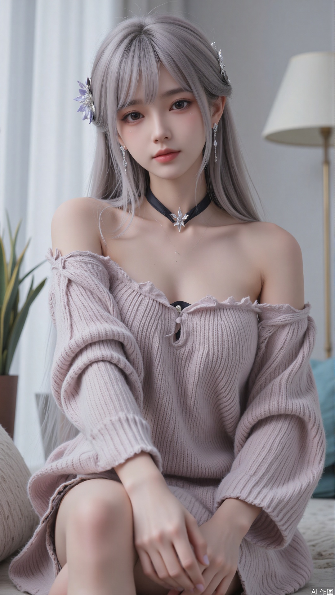 1girl, solo, long hair, looking at viewer, smile, sitting, collarbone, off shoulder, sweater, messy hair, realistic