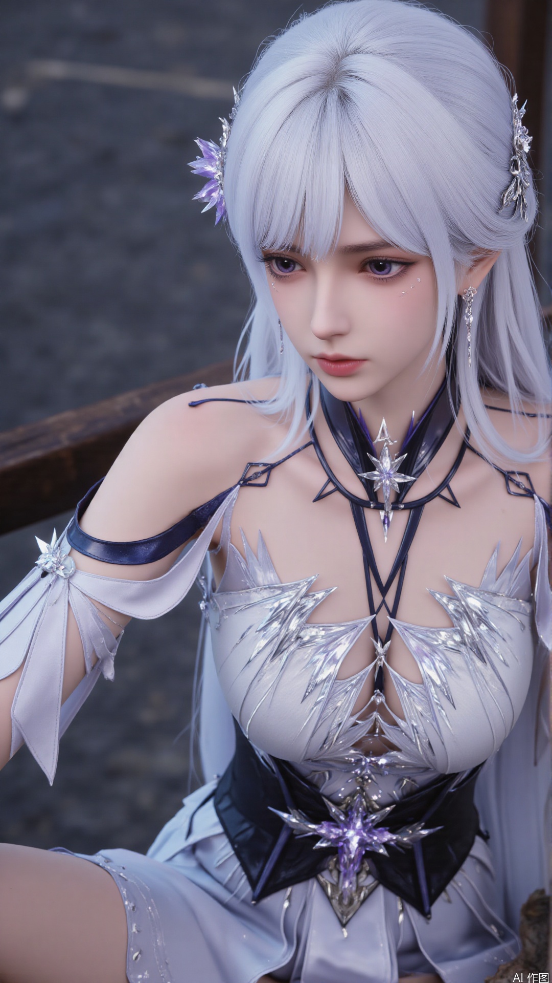 1girl, white hair, solo, hair ornament, purple eyes, bare shoulders, jewelry, long hair, necklace, strapless skirt, flower, hair flower, perfect body, scenery, sharp focus, best quality, masterpiece, detailed outfit, illustration, perfect eyes, finely detailed beautiful anime eyes, realistic skin, intricate details, best lighting, depth of field, ultra high resolution, sitting