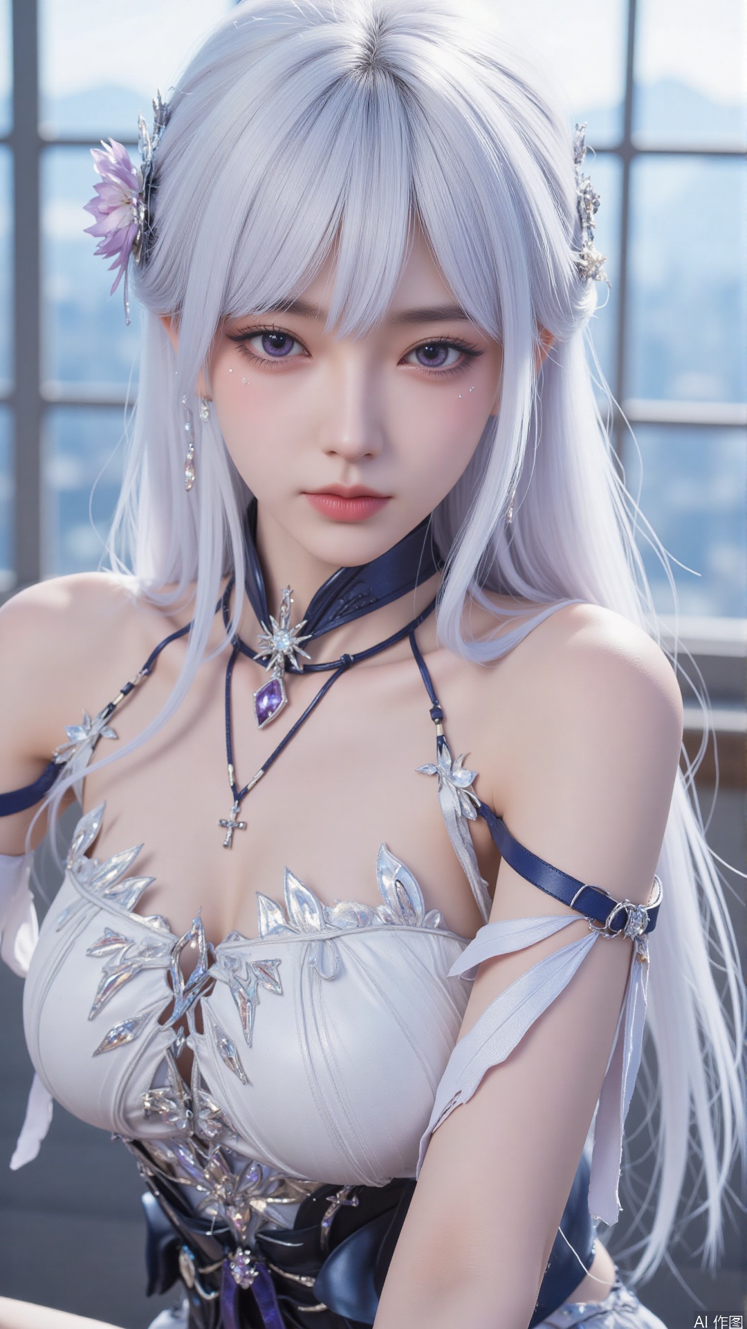 1girl, white hair, solo, hair ornament, purple eyes, bare shoulders, jewelry, long hair, necklace, strapless skirt, flower, hair flower, perfect body, scenery, sharp focus, best quality, masterpiece, detailed outfit, illustration, perfect eyes, finely detailed beautiful anime eyes, realistic skin, intricate details, best lighting, depth of field, ultra high resolution, sitting