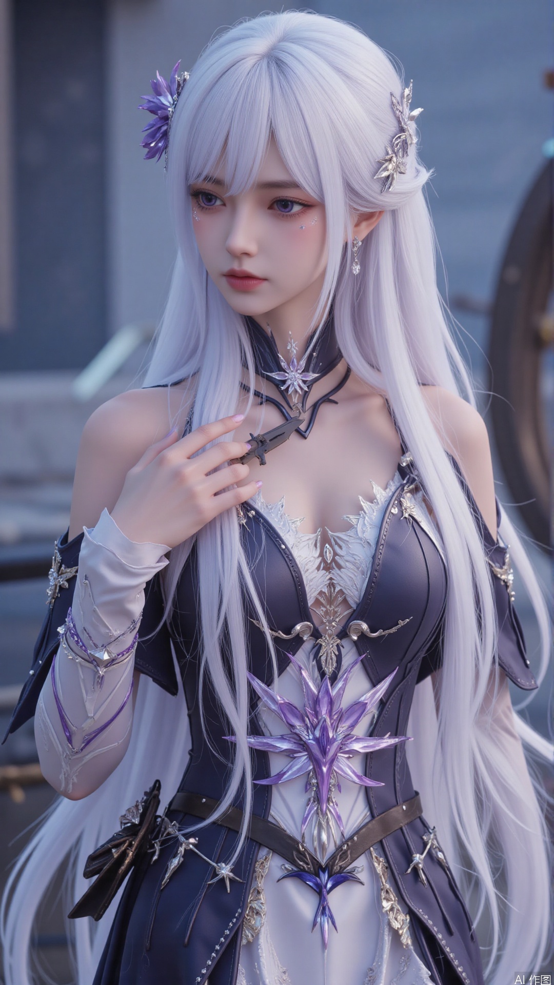 1girl, white hair, purple eyes, dress, perfect body, scenery, sharp focus, best quality, masterpiece, detailed outfit, illustration, perfect eyes, finely detailed beautiful anime eyes, realistic skin, intricate details, best lighting, depth of field, ultra high resolution,cowboy_shot