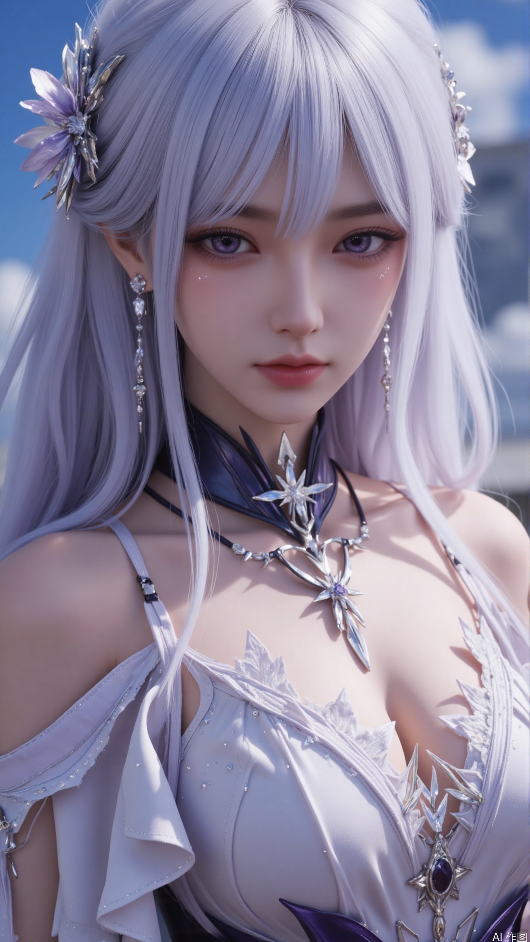 Very detailed face, extremely detailed eyes and face, purple eyes, (vacuum), 8K wallpaper, light leak, beautiful and detailed girl, extremely detailed CGUnity8K wallpaper, an extremely detailed and beautiful, beautiful and detailed eyes, masterpiece, best quality, Real photo level, (frontal shooting panoramic perspective), ( (Full body photo)), dynamic angle, dynamic pose, solo, ancient style silver hairpin with petals, blue sky and white clouds, (C cup), (huge round breasts), slender legs, super good figure, stunning beauty, (whole body in the mirror) , (wearing Lolita nightgown), (light reflects the shadow of the body through the clothes),vacuum,bare and smooth