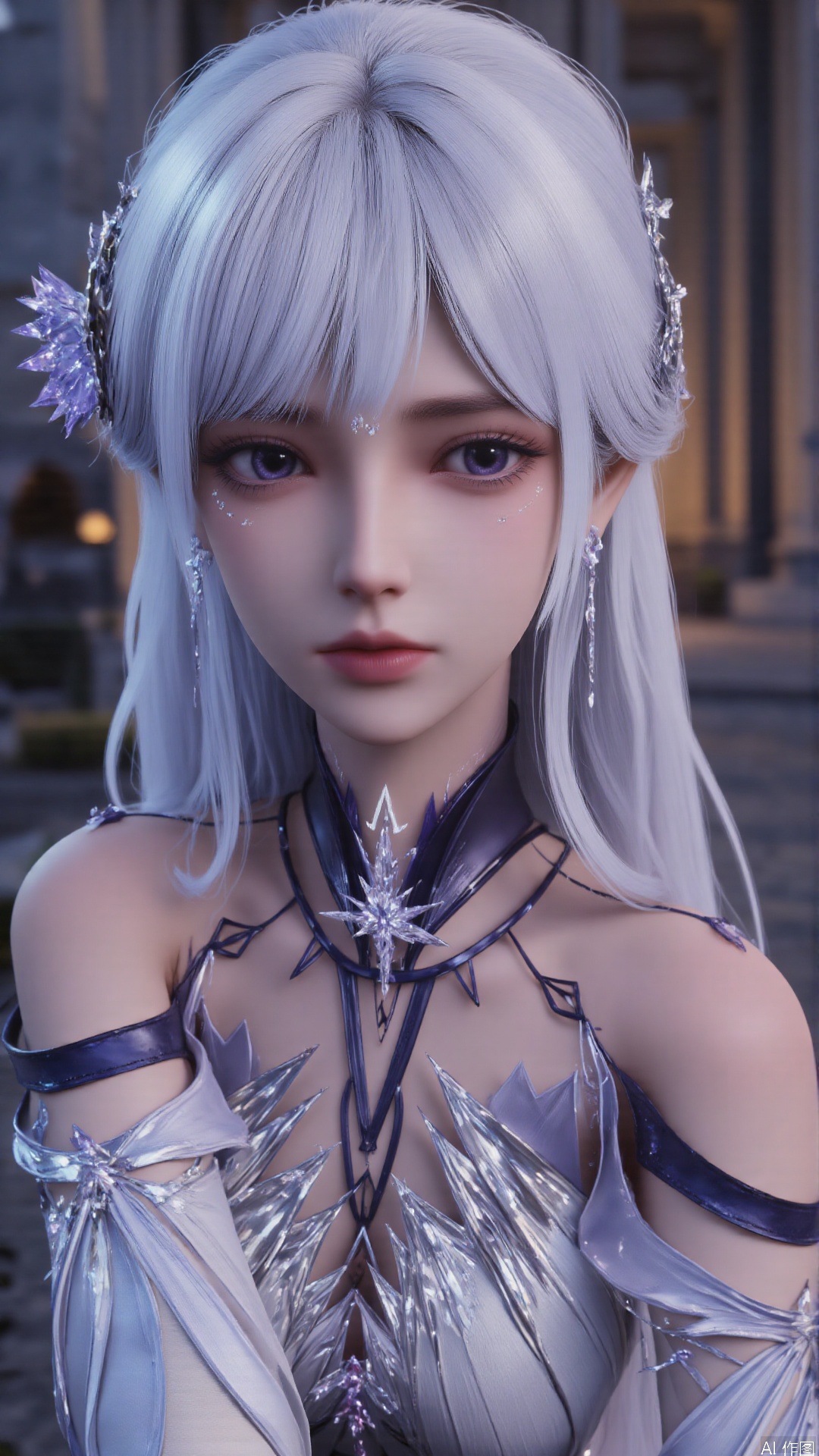1girl, white hair, solo, hair ornament, purple eyes, bare shoulders, jewelry, long hair, necklace, strapless skirt, flower, hair flower, perfect body, scenery, sharp focus, best quality, masterpiece, detailed outfit, illustration, perfect eyes, finely detailed beautiful anime eyes, realistic skin, intricate details, best lighting, depth of field, ultra high resolution,cowboy_shot
