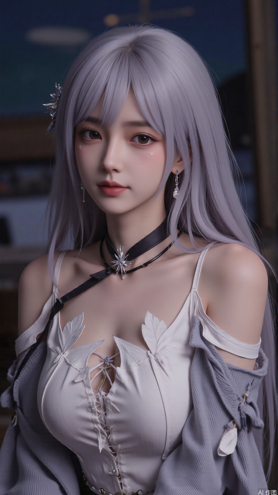 1girl, solo, long hair, looking at viewer, smile, sitting, collarbone, off shoulder, sweater, messy hair, realistic