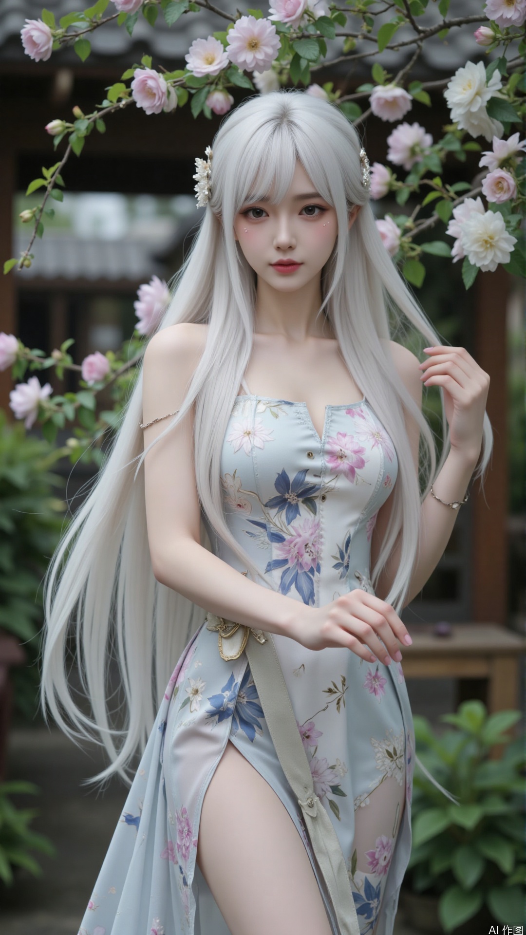 A portrait of an Asian woman with white long, flowing hair, wearing a traditional cheongsam (Chinese dress) in a subtle floral print. She's standing gracefully in a traditional Chinese garden, surrounded by lush greenery and blooming flowers. The overall mood is serene and peaceful, emphasizing the grace and elegance of the traditional attire. High resolution, 8k, soft lighting, hyperrealistic, photorealistic, detailed textures, elegant pose, serene expression, traditional cheongsam, natural beauty, trending on artstation.