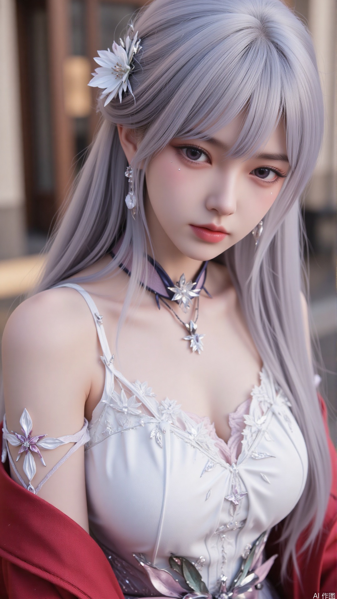 1girl,solo,jewelry,flower,hair flower,hair ornament,necklace,realistic,purple eyes,looking at viewer,dress,blurry background,twin braids,blurry,white dress,long hair,upper body,breasts,pink bow,red jacket,bare shoulders,lips,collarbone,outdoors,cleavage,large natural breast,soft breasts,huge Breasts
