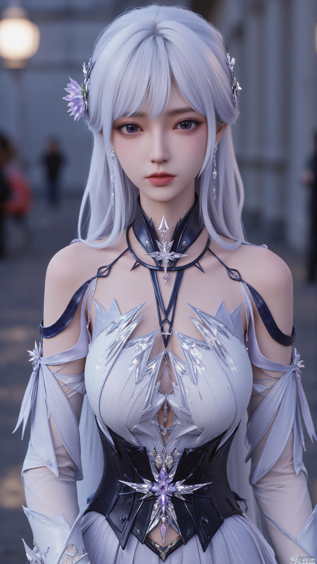 1girl, white hair, solo, hair ornament, purple eyes, bare shoulders, jewelry, long hair, necklace, strapless skirt, flower, hair flower, perfect body, scenery, sharp focus, best quality, masterpiece, detailed outfit, illustration, perfect eyes, finely detailed beautiful anime eyes, realistic skin, intricate details, best lighting, depth of field, ultra high resolution, sitting