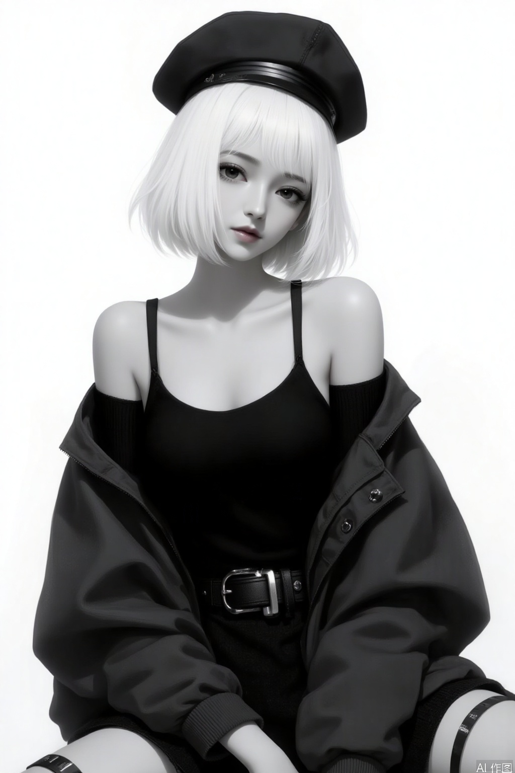 1girl, solo, breasts, looking at viewer, short hair, hat, bare shoulders, sitting, jacket, monochrome, greyscale, belt, off shoulder, head tilt, thigh strap, realistic