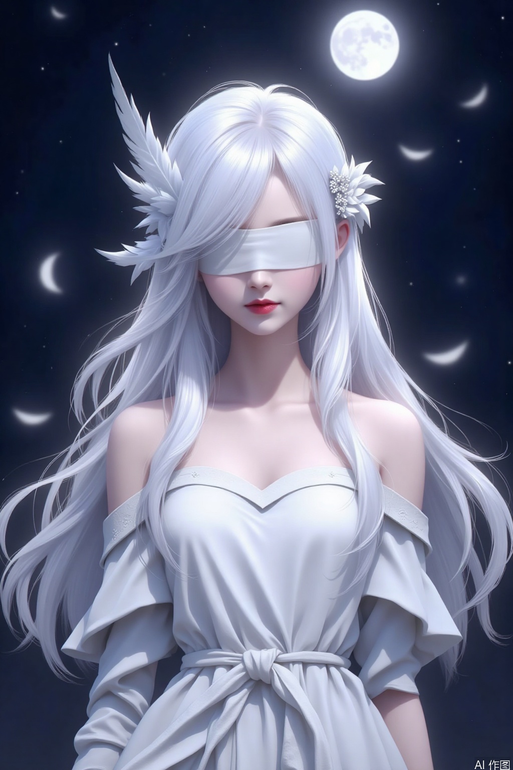 1girl, solo, long hair, breasts, hair ornament, dress, bare shoulders, medium breasts, upper body, white hair, detached sleeves, white dress, lips, night, moon, feathers, facing viewer, full moon, blindfold, red lips, covered eyes