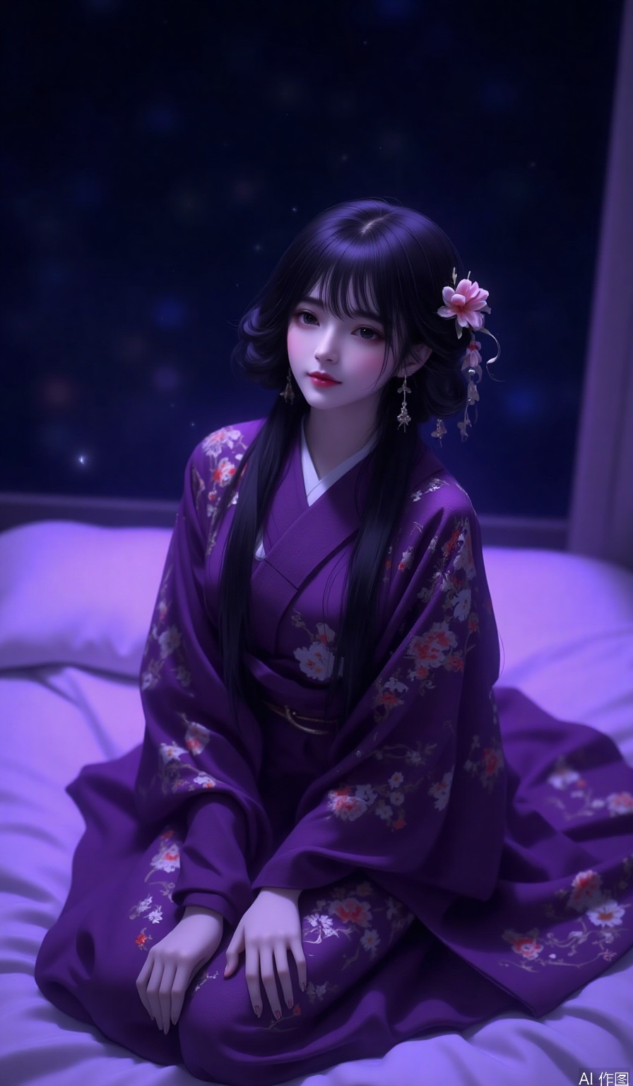 1girl, solo, looking up, black hair, hair ornament, flower,parted lips, japanese clothes, hair flower, kimono,red lips,  realistic,embroidered kimono,kneeling,night,purple light,from above,bed