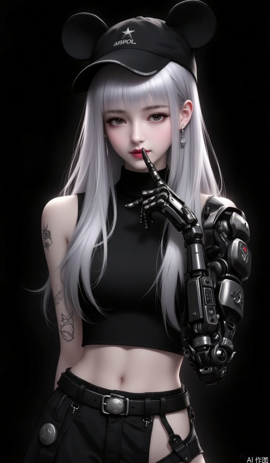 1girl, solo, long hair, breasts, looking at viewer, bangs, skirt, shirt, hat, navel, animal ears, bare shoulders, jewelry, grey hair, cowboy shot, earrings, sleeveless, midriff, belt, blunt bangs, star \(symbol\), lips, crop top, grey eyes, black shirt, sleeveless shirt, black headwear, tattoo, turtleneck, black background, baseball cap, index finger raised, finger to mouth, side slit, mouse ears, red lips, arm tattoo, mechanical arms, single mechanical arm, prosthesis, shushing