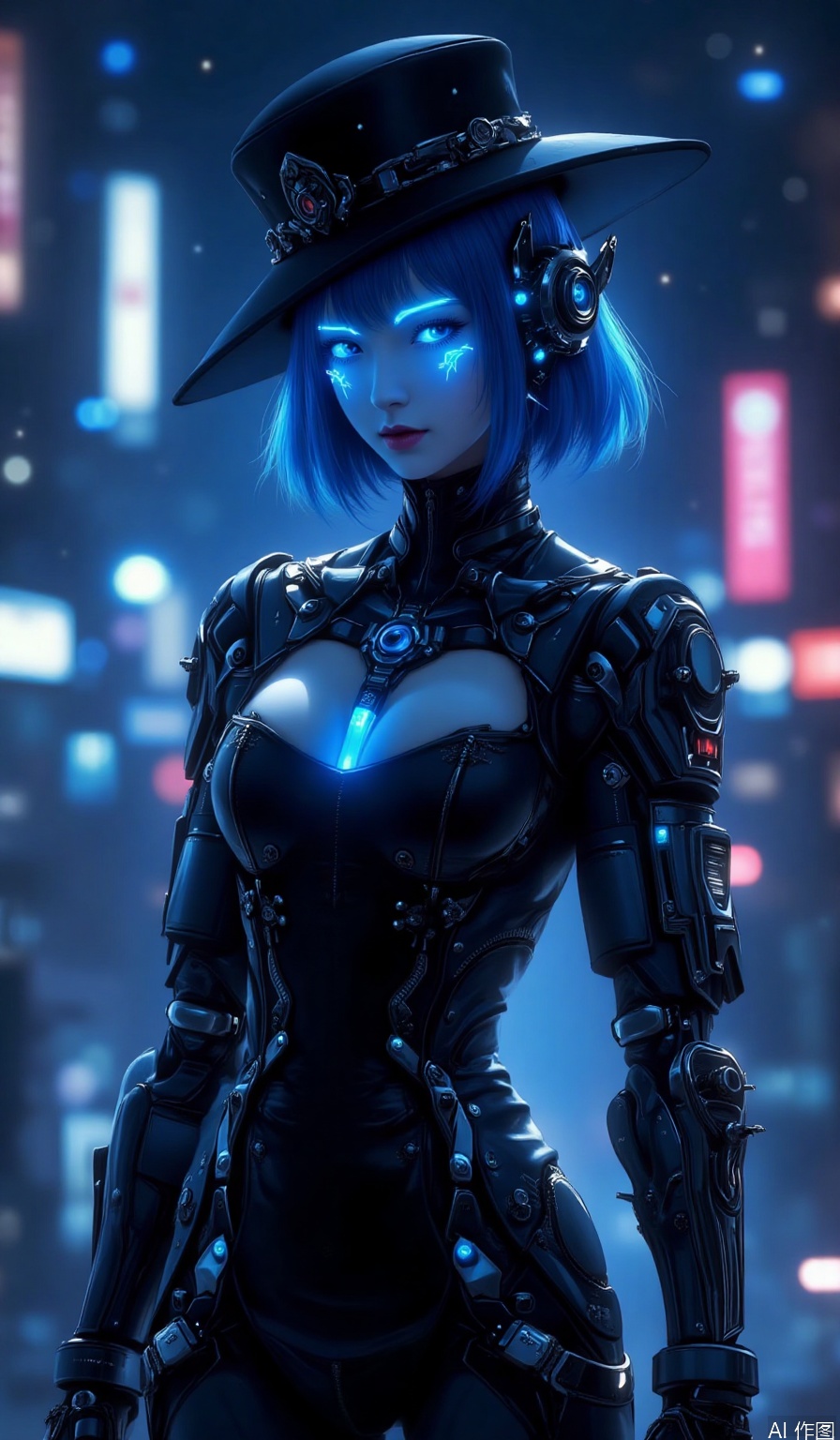 1girl, solo, dress, chinese clothes, black dress, robotic arms,hat, cyborg, cleavage, cyberpunk, blue style, neon lights,over the city,glowing
